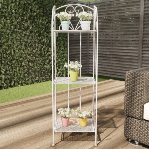 Nature Spring Plant Stand, 3-tier Vertical Shelf Indoor/Outdoor Folding Wrought Iron Garden Display, Antique White 901012APS